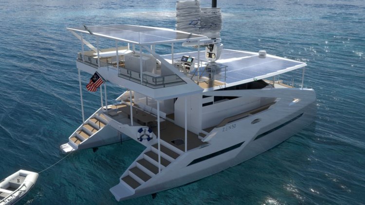 Luxury solar-powered catamaran with fully automated wing sail